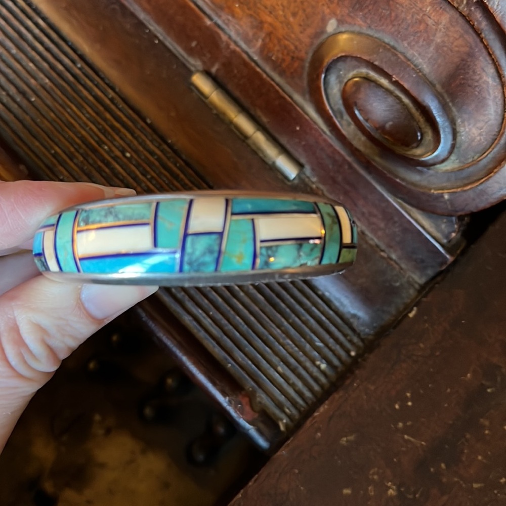 Vintage Native American Navajo Aaron Toadlena Turquoise Silver Inlay Bracelet - Picture 12 of 17